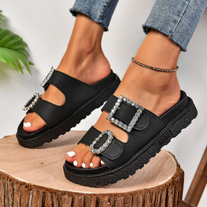 Fashion Rhinestone Platform Sandals - Buckle Strap Women's Shoes