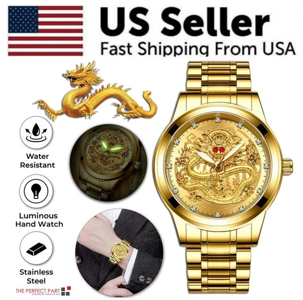 Men's Gold Quartz Watch | Waterproof Stainless Steel Diamond Watch