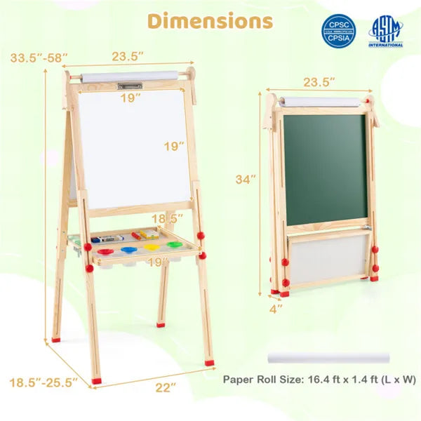 Natural Pine Wood 3-in-1 Kids Art Easel - Magnetic & Chalkboard