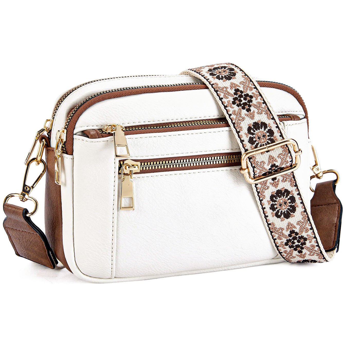 Triple Zipper Shoulder Bag Multi-functional Floral Crossbody