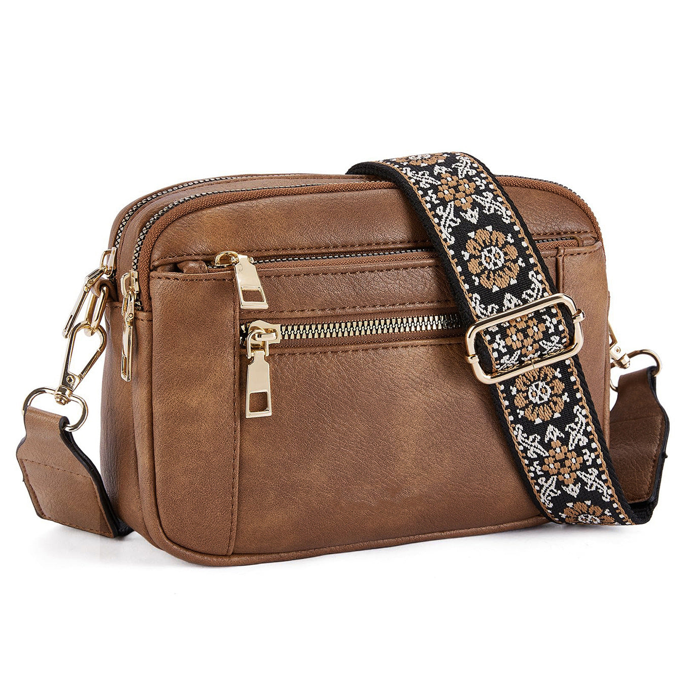 Triple Zipper Shoulder Bag Multi-functional Floral Crossbody