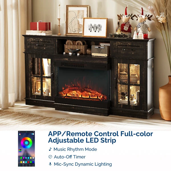 Black Gold Oak Electric Fireplace TV Stand - 58-inch With Glass Doors