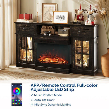 Black Gold Oak Electric Fireplace TV Stand - 58-inch With Glass Doors