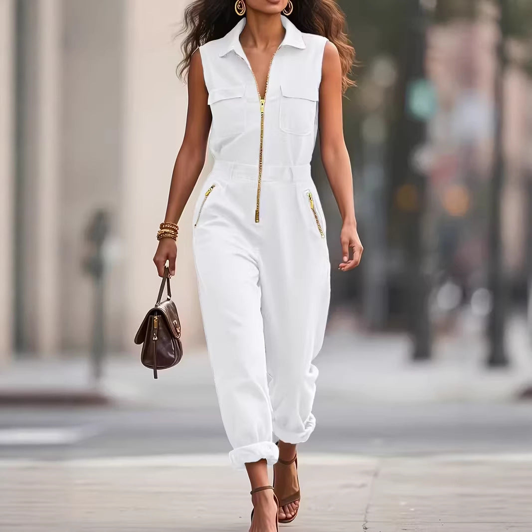 Zip-up Solid-color Jumpsuit - Elegant Spring Summer Style