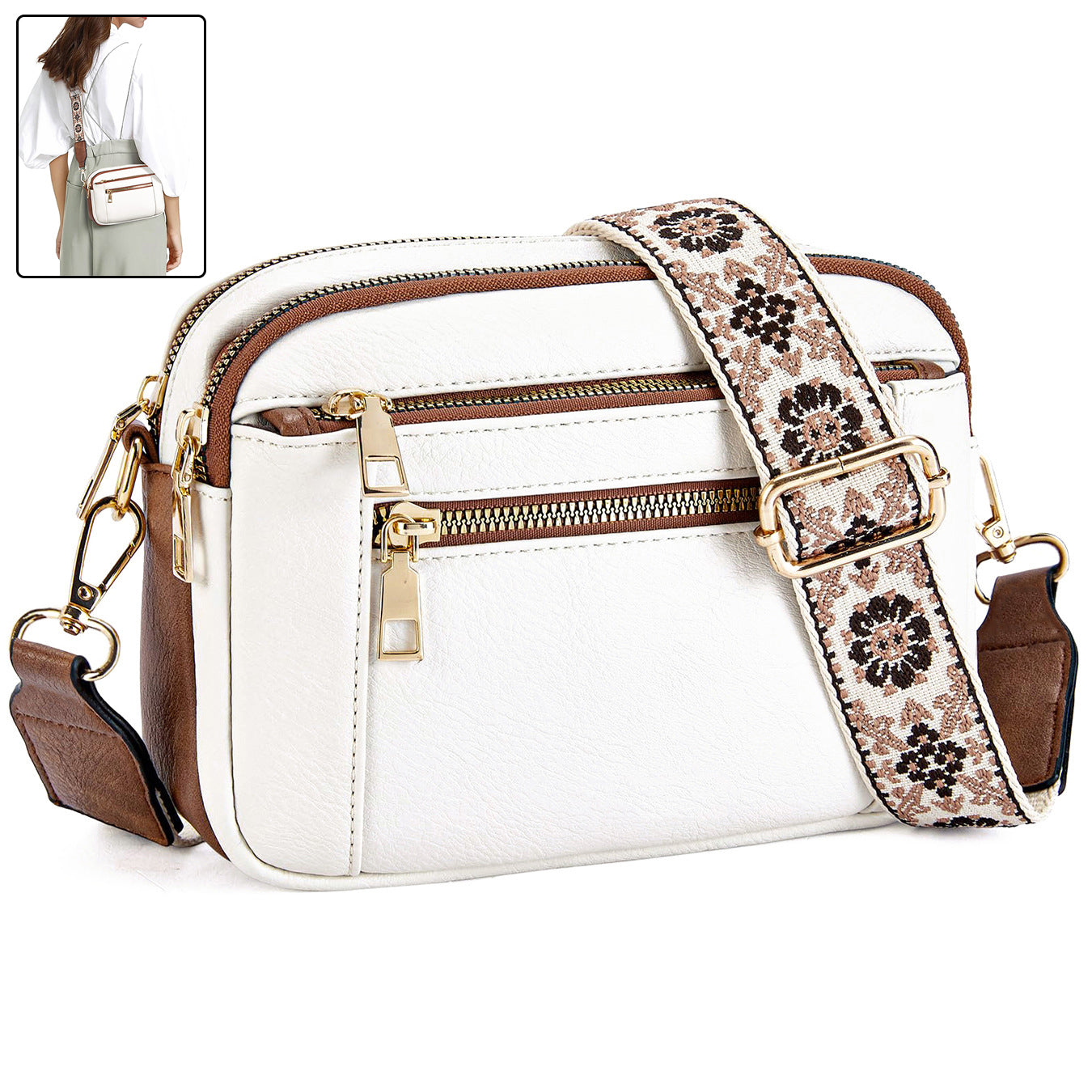 Triple Zipper Shoulder Bag Multi-functional Floral Crossbody