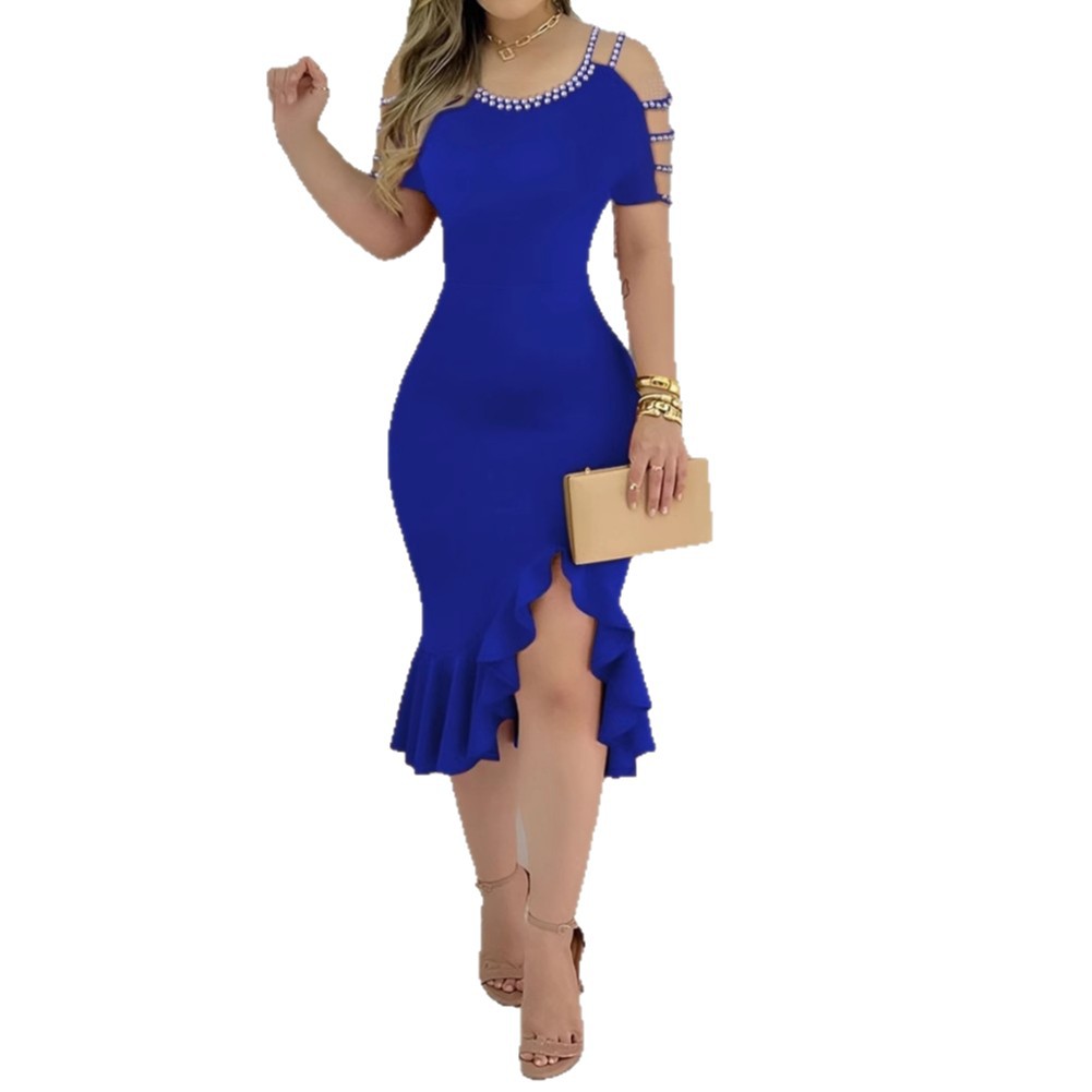 Ruffled-Edge Slit Dress With Pearls - Elegant Evening Style