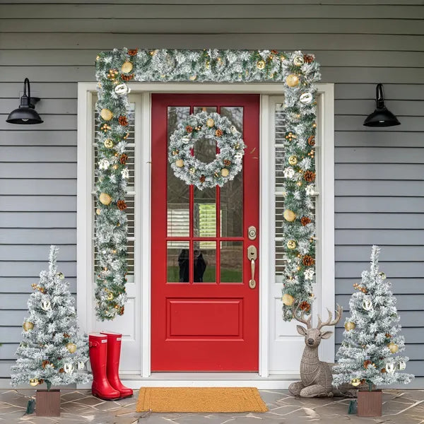 Pre-lit Holiday Christmas 4-Piece Set - Garland, Wreath & Trees