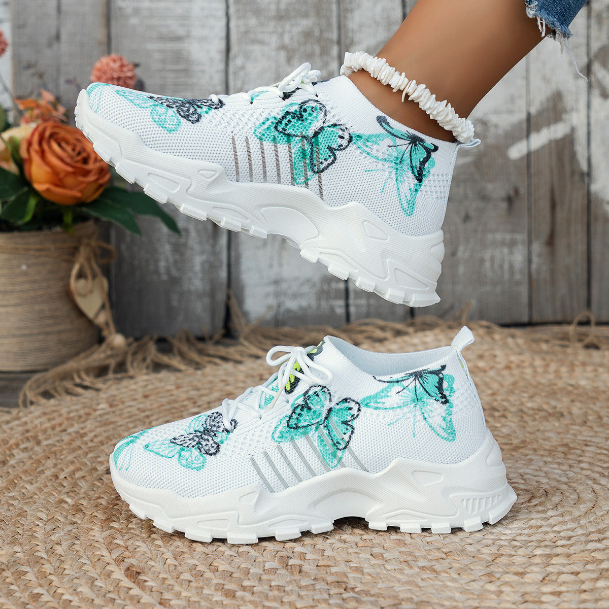 Butterfly Print Mesh Sneakers - Women's Casual Flat Heel Shoes