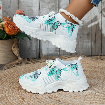 Butterfly Print Mesh Sneakers - Women's Casual Flat Heel Shoes