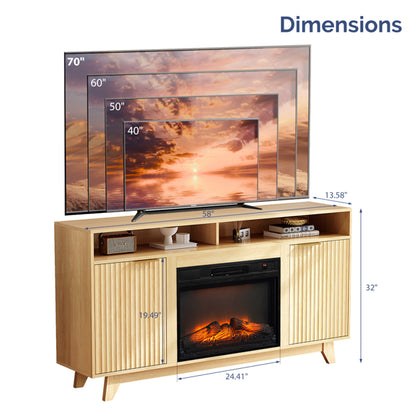 Oak Fireplace TV Stand With 23 Inch Insert Double Grid Doors Gold