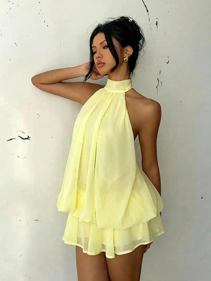 Chiffon Halter Tea Length Dress - Sassy Summer Skirt Style