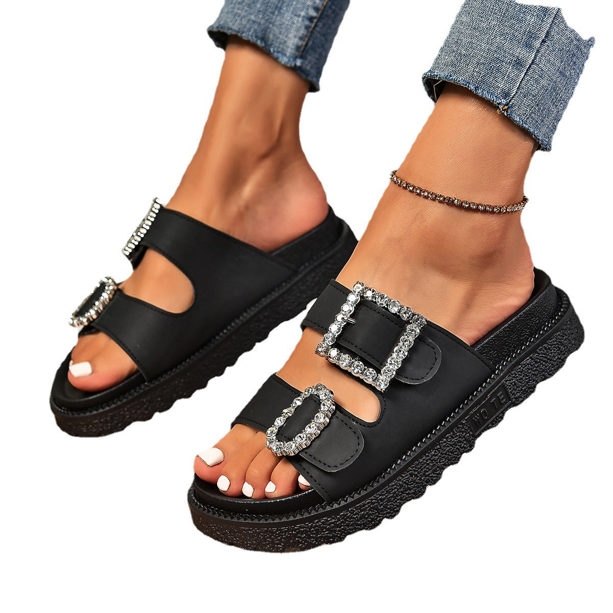 Fashion Rhinestone Platform Sandals - Buckle Strap Women's Shoes