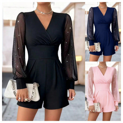Mesh-panel Straight-cut Shorts Jumpsuit - Chic Summer Style