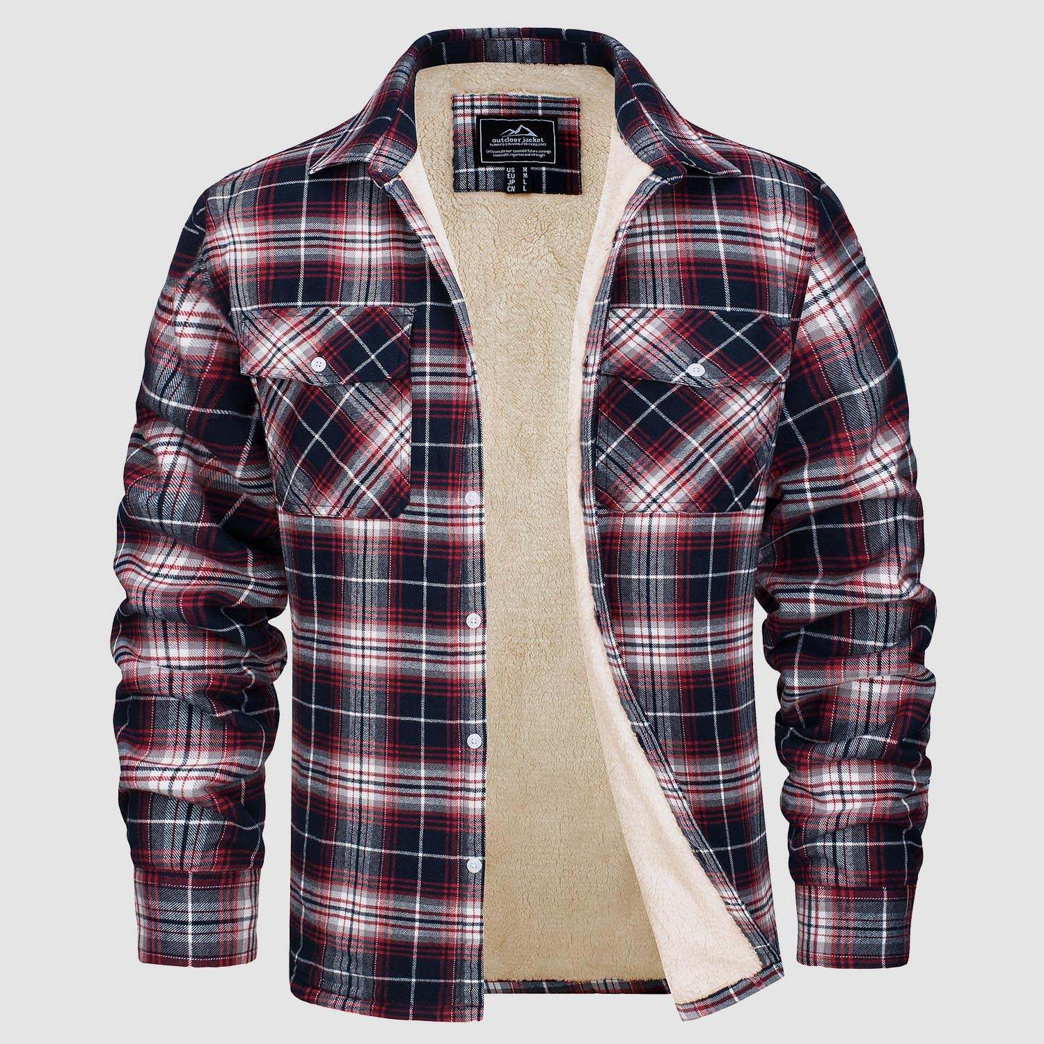 Men's Fleece Lined Plaid Jacket | Long Sleeve Coat