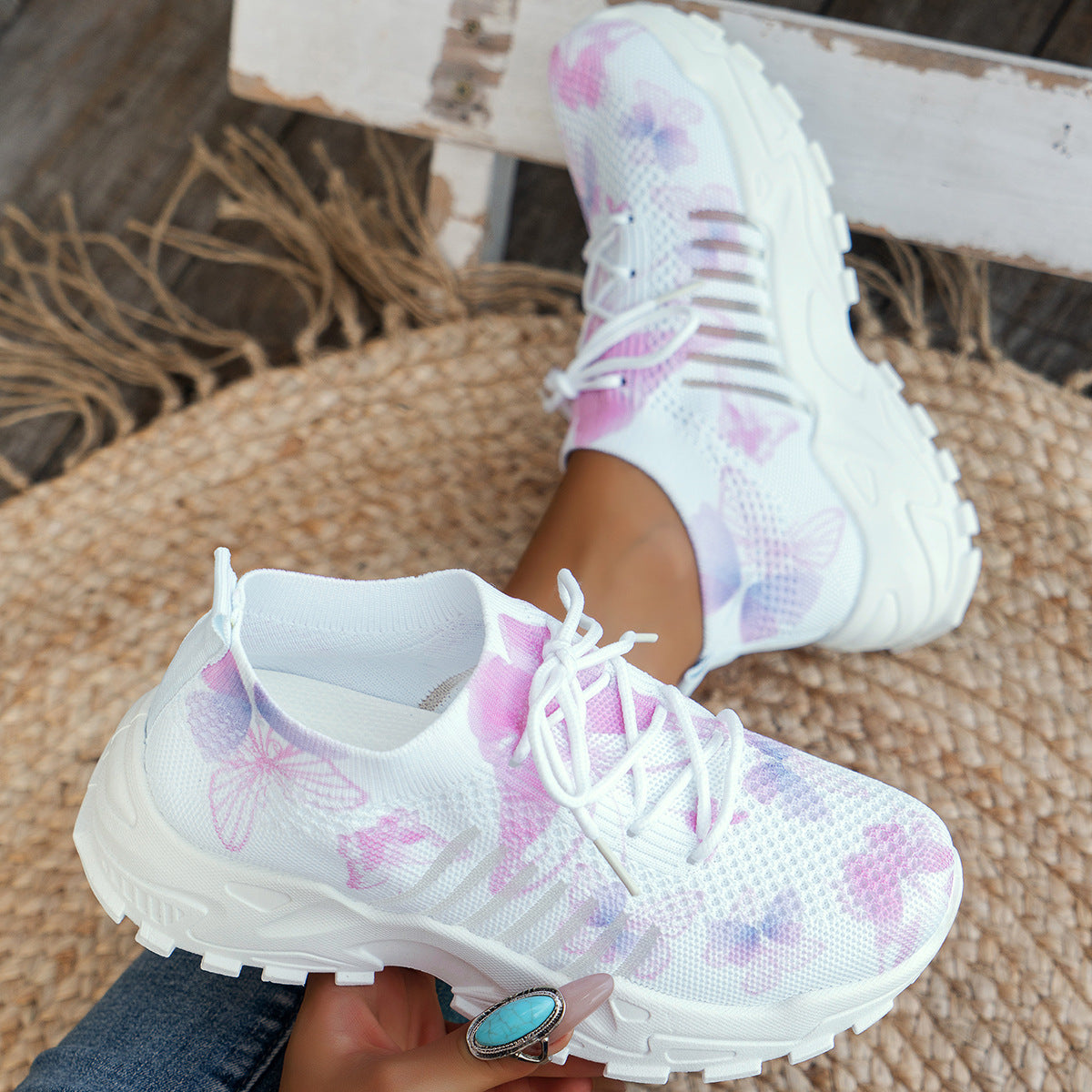 Butterfly Print Mesh Sneakers - Women's Casual Flat Heel Shoes