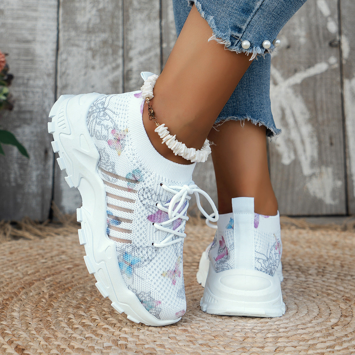 Butterfly Print Mesh Sneakers - Women's Casual Flat Heel Shoes