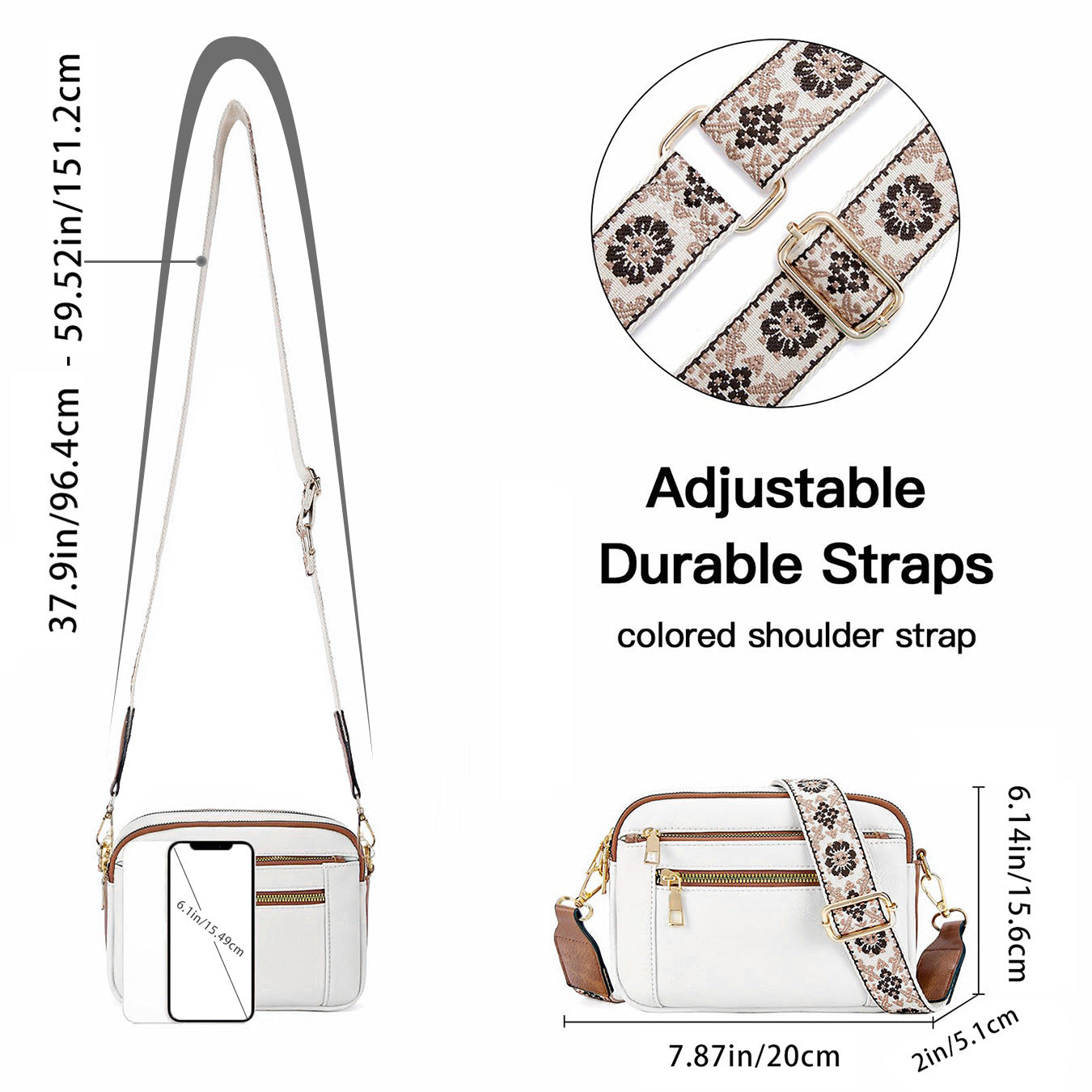 Triple Zipper Shoulder Bag Multi-functional Floral Crossbody