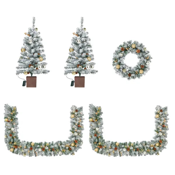 Pre-lit Holiday Christmas 4-Piece Set - Garland, Wreath & Trees
