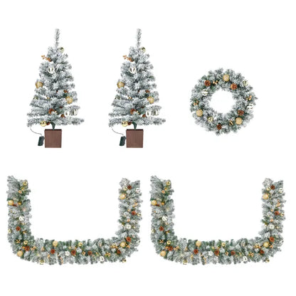 Pre-lit Holiday Christmas 4-Piece Set - Garland, Wreath & Trees