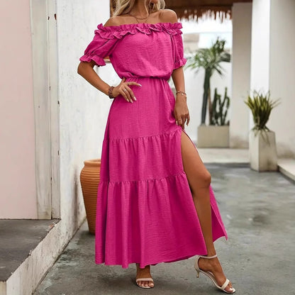 Off-the-Shoulder Side-Slit Dress - Solid-Color Ruffle-Waist
