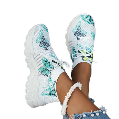 Butterfly Print Mesh Sneakers - Women's Casual Flat Heel Shoes