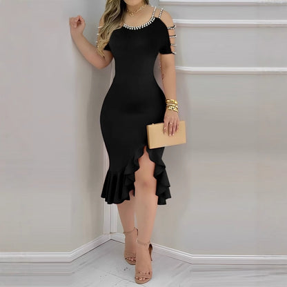 Ruffled-Edge Slit Dress With Pearls - Elegant Evening Style