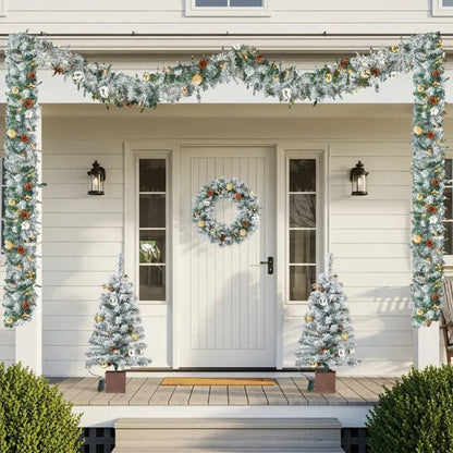 Pre-lit Holiday Christmas 4-Piece Set - Garland, Wreath & Trees