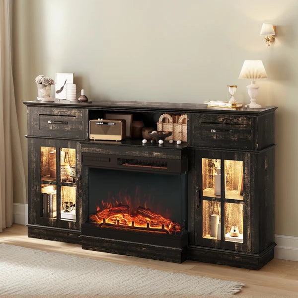 Black Gold Oak Electric Fireplace TV Stand - 58-inch With Glass Doors