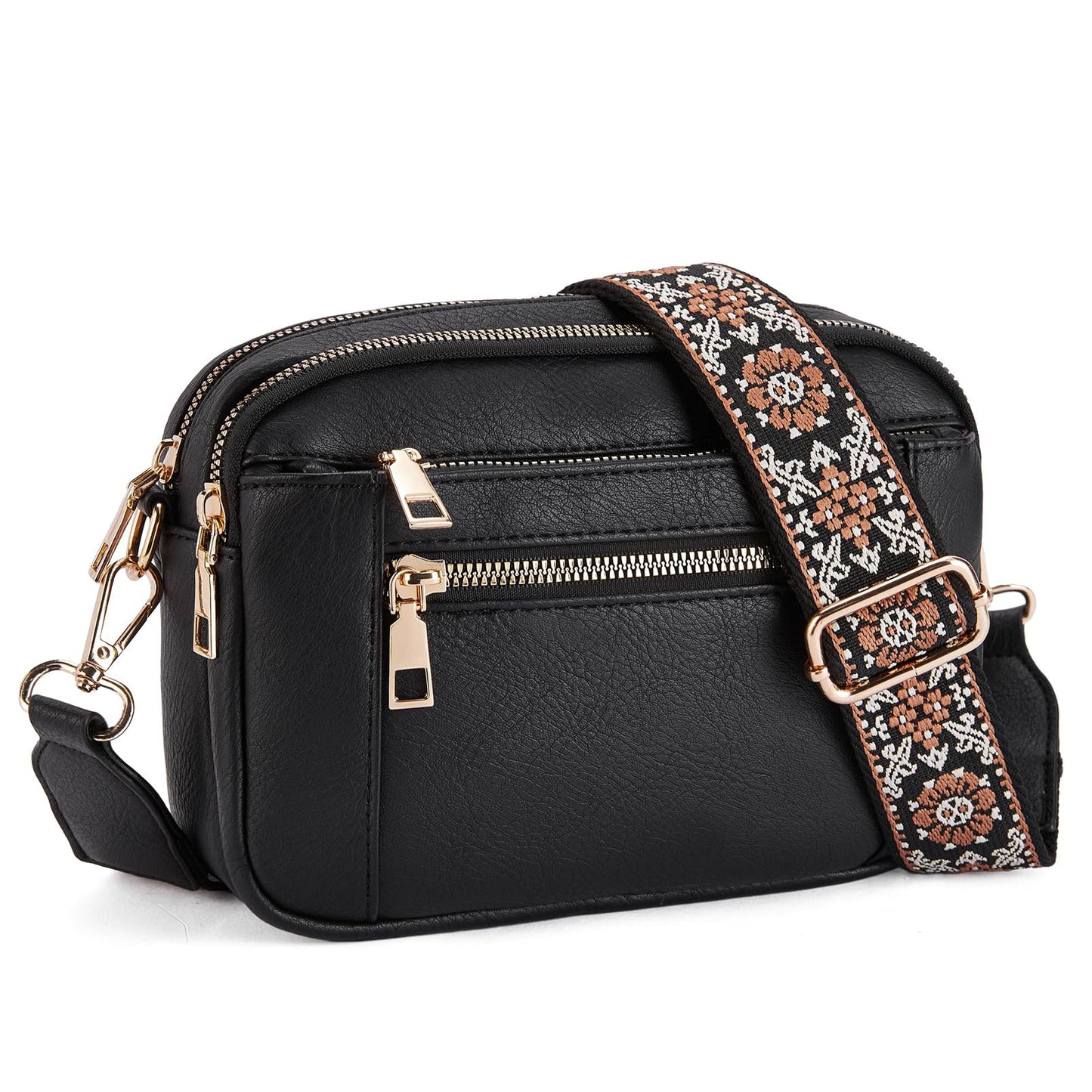 Triple Zipper Shoulder Bag Multi-functional Floral Crossbody