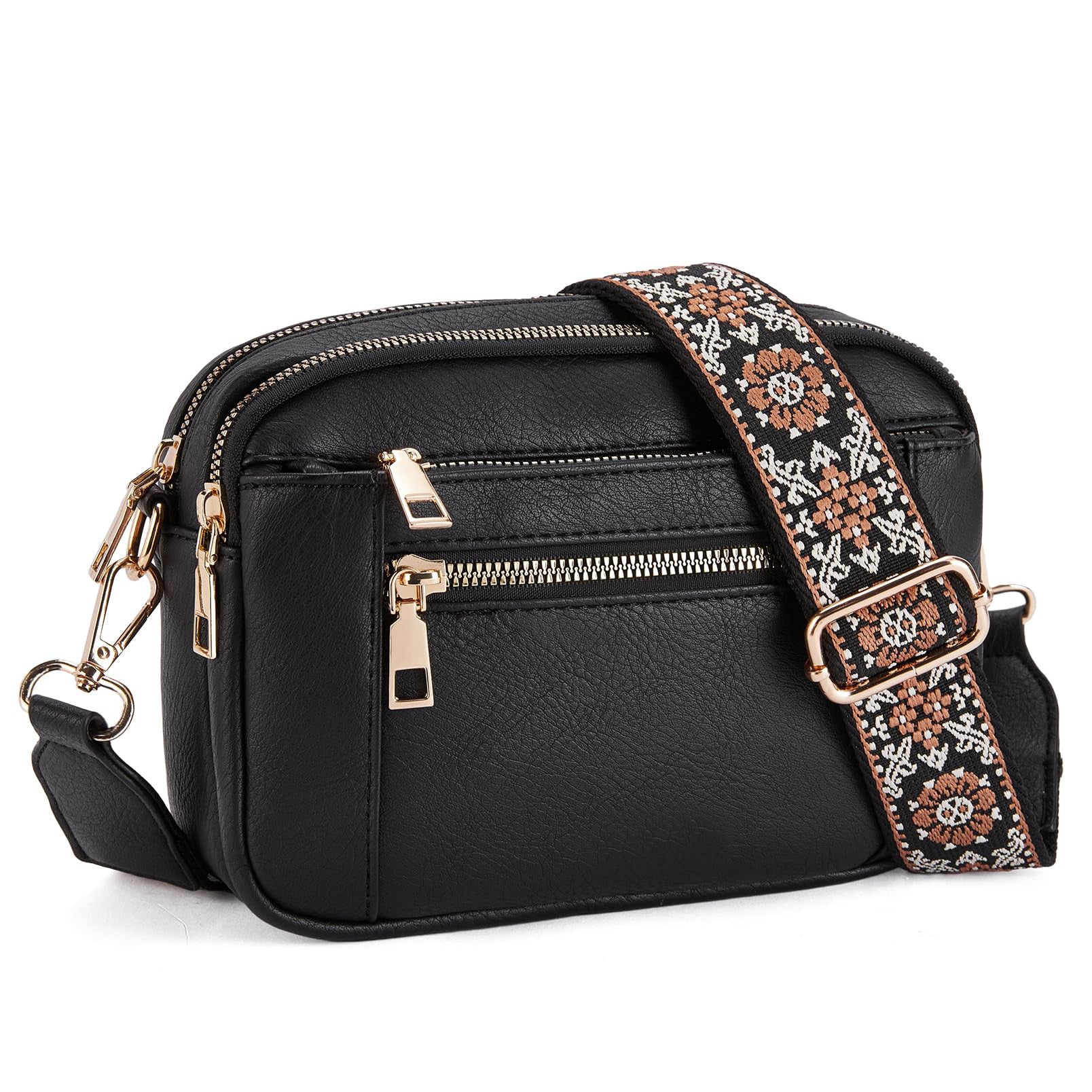 Triple Zipper Shoulder Bag Multi-functional Floral Crossbody