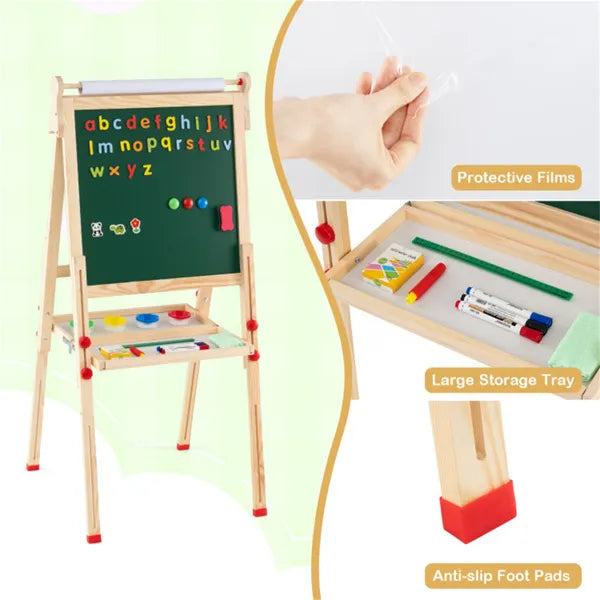 Natural Pine Wood 3-in-1 Kids Art Easel - Magnetic & Chalkboard