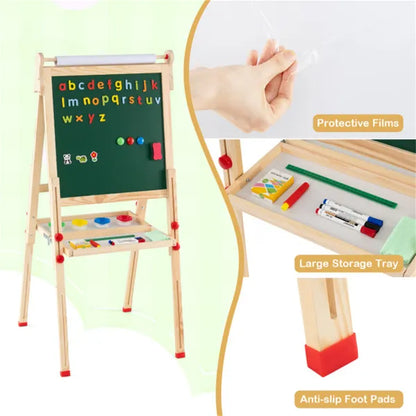 Natural Pine Wood 3-in-1 Kids Art Easel - Magnetic & Chalkboard