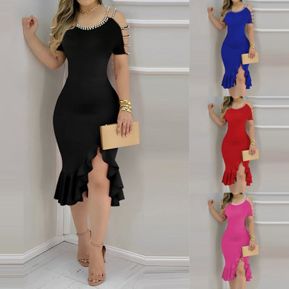 Ruffled-Edge Slit Dress With Pearls - Elegant Evening Style
