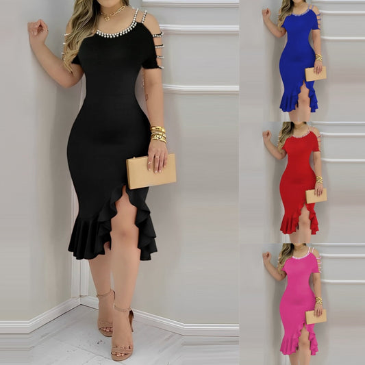 Ruffled-Edge Slit Dress With Pearls - Elegant Evening Style