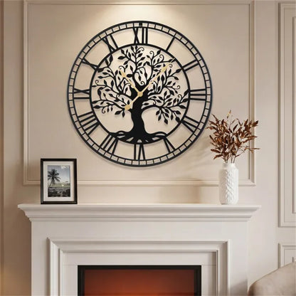 Black Tree Of Life Decorative Wall Clock - Modern Metal Silhouette