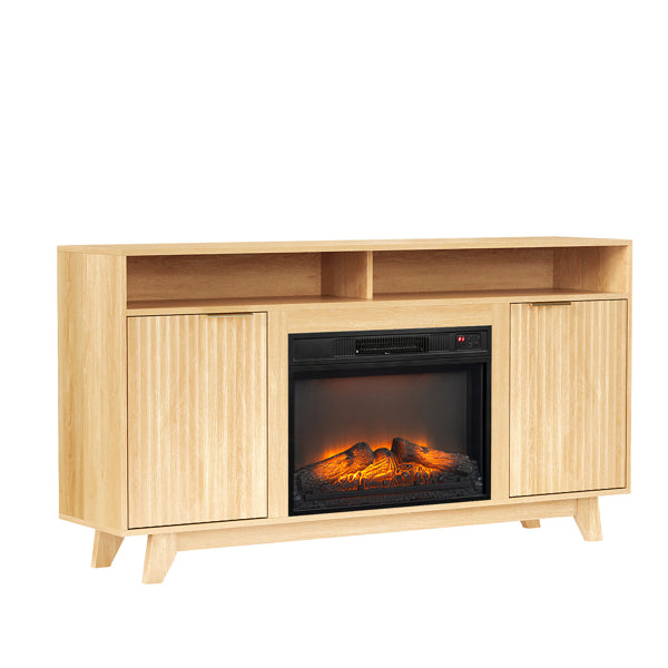 Oak Fireplace TV Stand With 23 Inch Insert Double Grid Doors Gold