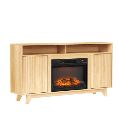 Oak Fireplace TV Stand With 23 Inch Insert Double Grid Doors Gold
