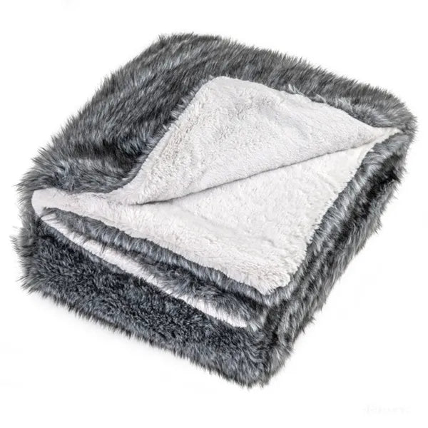Faux Wolf Fur Throw Blanket - Gray 740GSM Double-Sided Fleece