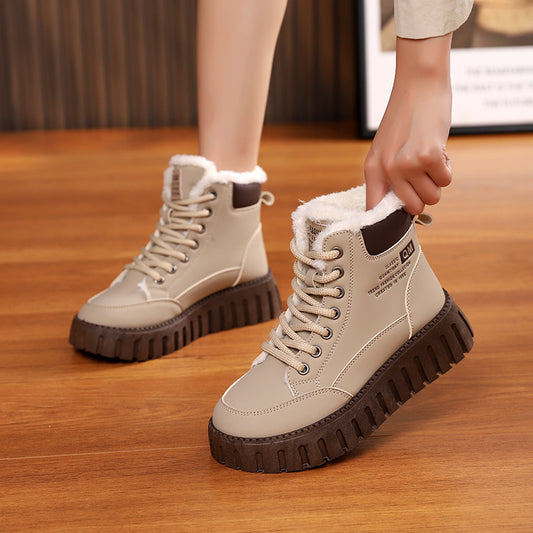 Lace-up Snow Boots - Winter Warm Fleece Flat Shoes For Women