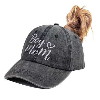 Boy Mom Ponytail Hat - Adjustable Embroidered Cotton Cap
