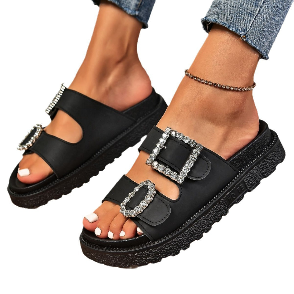 Fashion Rhinestone Platform Sandals - Buckle Strap Women's Shoes