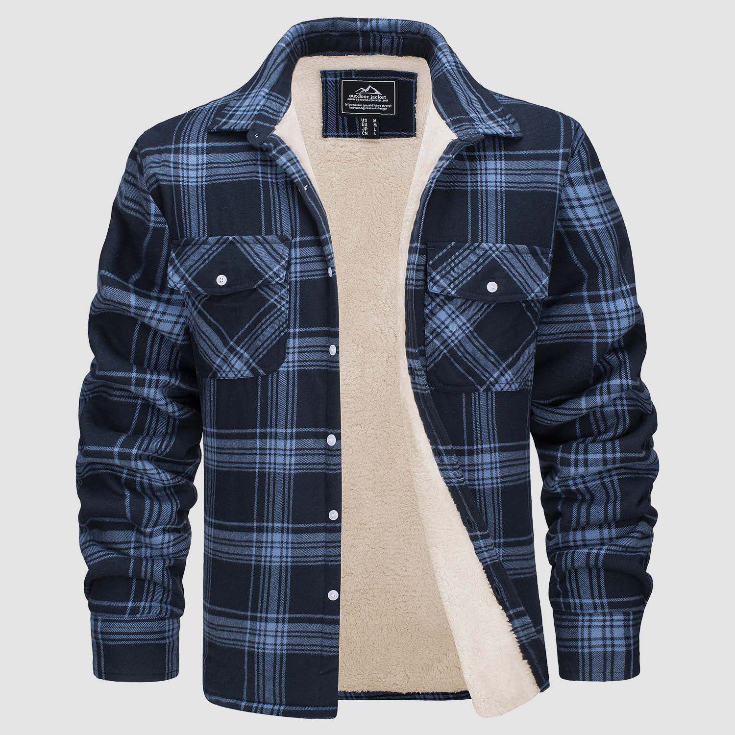 Men's Fleece Lined Plaid Jacket | Long Sleeve Coat