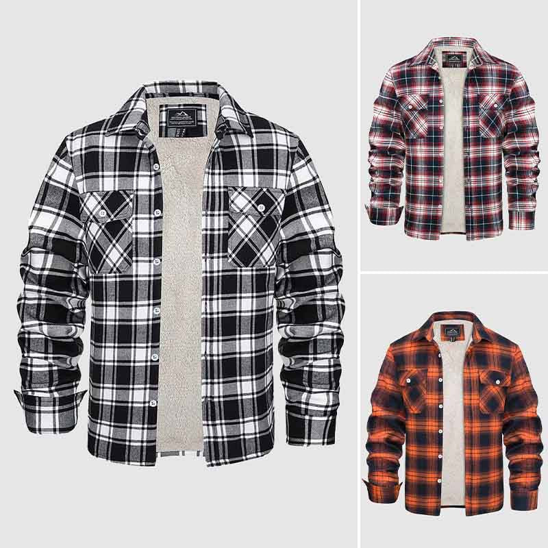 Men's Fleece Lined Plaid Jacket | Long Sleeve Coat
