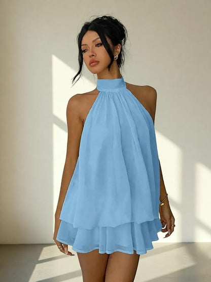 Chiffon Halter Tea Length Dress - Sassy Summer Skirt Style