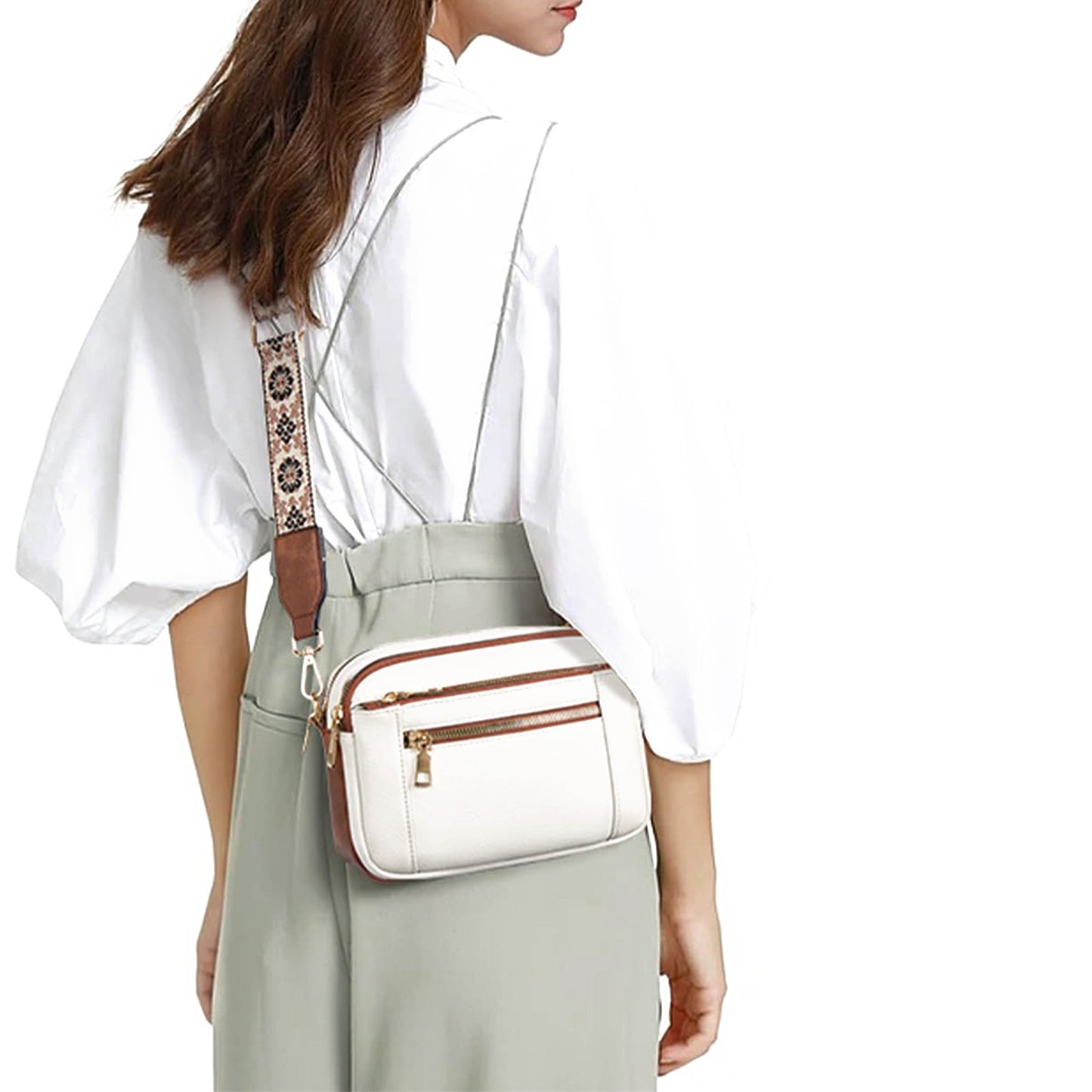 Triple Zipper Shoulder Bag Multi-functional Floral Crossbody