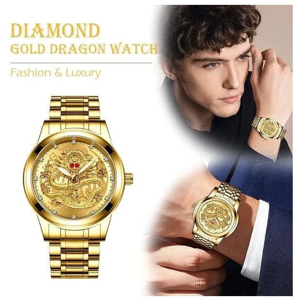 Men's Gold Quartz Watch | Waterproof Stainless Steel Diamond Watch