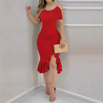 Ruffled-Edge Slit Dress With Pearls - Elegant Evening Style