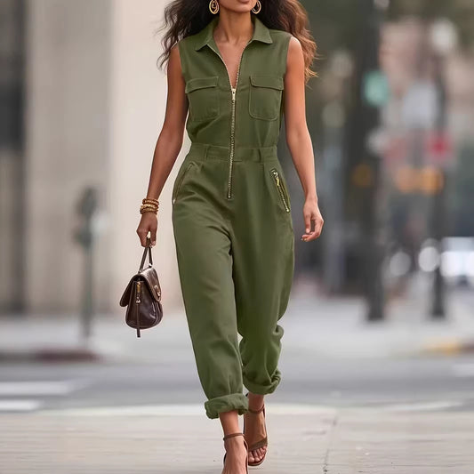Zip-up Solid-color Jumpsuit - Elegant Spring Summer Style