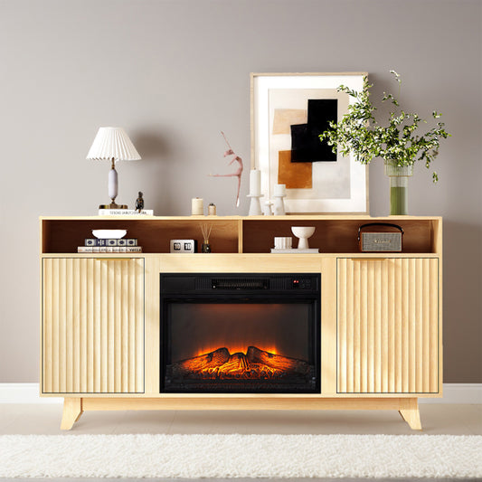 Oak Fireplace TV Stand With 23 Inch Insert Double Grid Doors Gold
