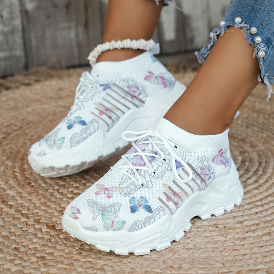 Butterfly Print Mesh Sneakers - Women's Casual Flat Heel Shoes